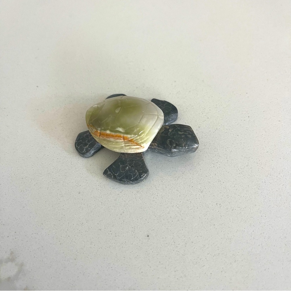One of a kind Carved Green and Black Stone Turtle Figurine